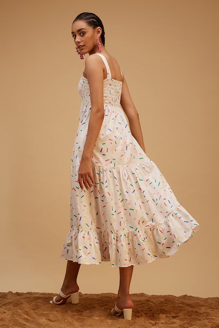 Shop Bohobi White Cotton Square Neck Summer Smile Confetti Print Dress at Aza Fashions Shop_Bohobi_White Cotton Square Neck Summer Smile Confetti Print Dress _at_Aza_Fashions