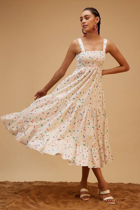 Bohobi White Cotton Square Neck Summer Smile Confetti Print Dress Online at Aza Fashions Bohobi_White Cotton Square Neck Summer Smile Confetti Print Dress _Online_at_Aza_Fashions