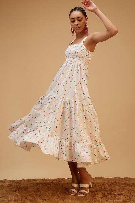 Buy Bohobi White Cotton Square Neck Summer Smile Confetti Print Dress Online at Aza Fashions Buy_Bohobi_White Cotton Square Neck Summer Smile Confetti Print Dress _Online_at_Aza_Fashions
