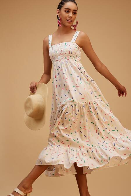 Shop Bohobi White Cotton Square Neck Summer Smile Confetti Print Dress Online at Aza Fashions Shop_Bohobi_White Cotton Square Neck Summer Smile Confetti Print Dress _Online_at_Aza_Fashions