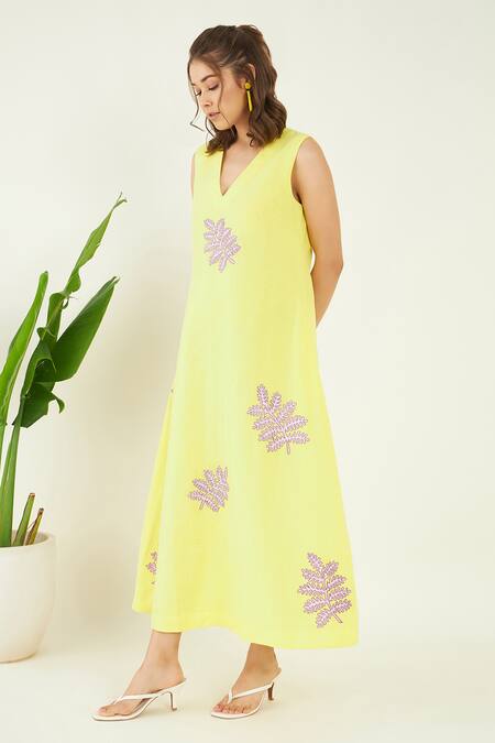 Bohobi Yellow Linen Embroidery V-neck Sundowner Patchwork Dress Online at Aza Fashions Bohobi_Yellow Linen Embroidery V-neck Sundowner Patchwork Dress _Online_at_Aza_Fashions