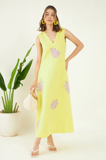 Shop Bohobi Yellow Linen Embroidery V-neck Sundowner Patchwork Dress Online at Aza Fashions Shop_Bohobi_Yellow Linen Embroidery V-neck Sundowner Patchwork Dress _Online_at_Aza_Fashions