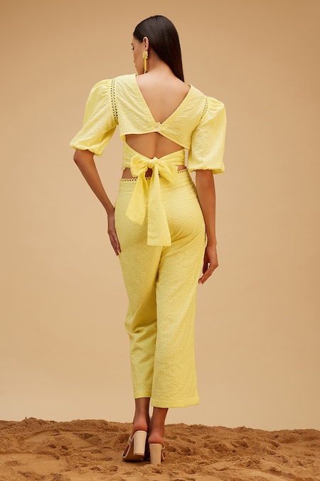 Shop Bohobi Yellow Cotton Embroidery Round Neck Sunkissed Schiffli Top With Pant at Aza Fashions Shop_Bohobi_Yellow Cotton Embroidery Round Neck Sunkissed Schiffli Top With Pant _at_Aza_Fashions