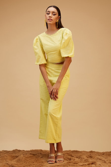 Bohobi Yellow Cotton Embroidery Round Neck Sunkissed Schiffli Top With Pant Online at Aza Fashions Bohobi_Yellow Cotton Embroidery Round Neck Sunkissed Schiffli Top With Pant _Online_at_Aza_Fashions