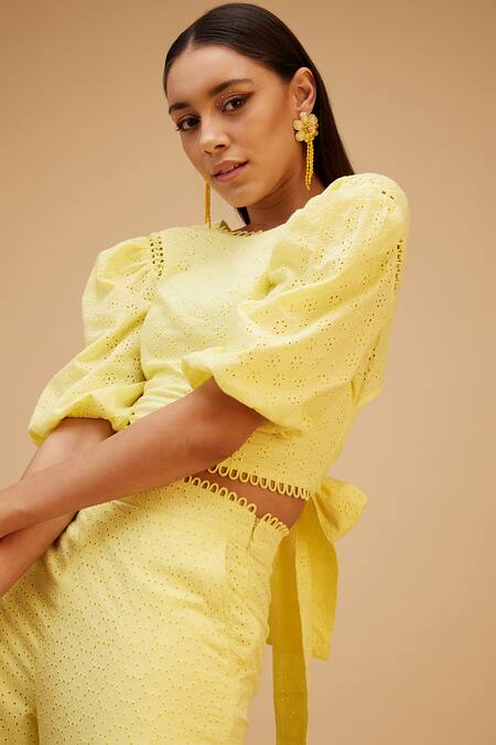 Buy Bohobi Yellow Cotton Embroidery Round Neck Sunkissed Schiffli Top With Pant Online at Aza Fashions Buy_Bohobi_Yellow Cotton Embroidery Round Neck Sunkissed Schiffli Top With Pant _Online_at_Aza_Fashions