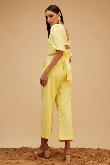 Shop Bohobi Yellow Cotton Embroidery Round Neck Sunkissed Schiffli Top With Pant Online at Aza Fashions Shop_Bohobi_Yellow Cotton Embroidery Round Neck Sunkissed Schiffli Top With Pant _Online_at_Aza_Fashions