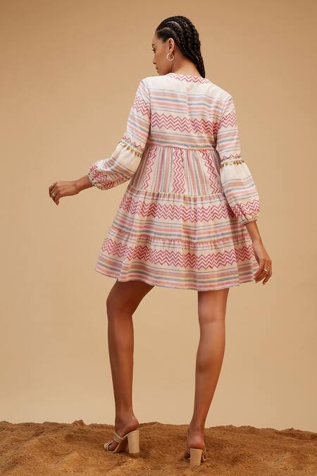 Shop Bohobi Multi Color Cotton, Linen Sequins Mandarin Collar Boho Vibe Printed Dress at Aza Fashions Shop_Bohobi_Multi Color Cotton, Linen Sequins Mandarin Collar Boho Vibe Printed Dress_at_Aza_Fashions