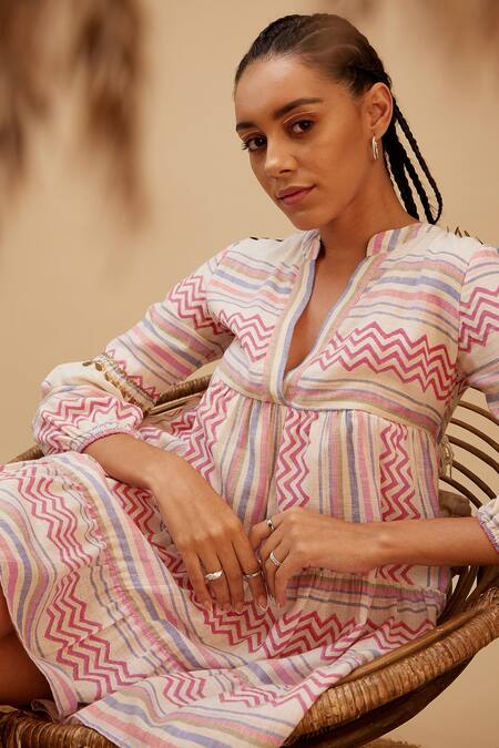 Shop Bohobi Multi Color Cotton, Linen Sequins Mandarin Collar Boho Vibe Printed Dress Online at Aza Fashions Shop_Bohobi_Multi Color Cotton, Linen Sequins Mandarin Collar Boho Vibe Printed Dress_Online_at_Aza_Fashions