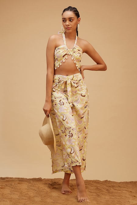 Bohobi Multi Color Cotton Print Way To The Waves Crop With Wrap Pant 