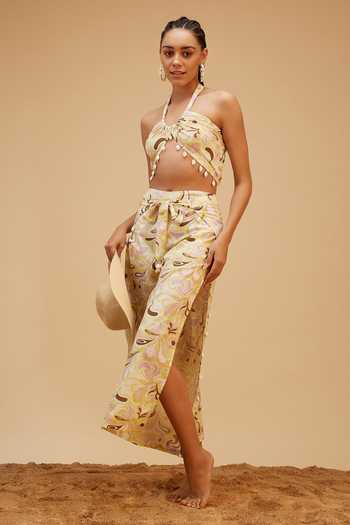 Bohobi_Multi Color Cotton Tassels Halter Neck Way To The Waves Crop With Wrap Pant _Online_at_Aza_Fashions