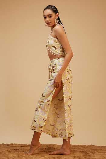 Shop_Bohobi_Multi Color Cotton Tassels Halter Neck Way To The Waves Crop With Wrap Pant _Online_at_Aza_Fashions