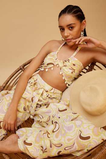Buy_Bohobi_Multi Color Cotton Tassels Halter Neck Way To The Waves Crop With Wrap Pant 