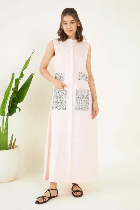 Bohobi Pink Linen Embroidery Boat Neck Alara Scribble Bloom Maxi Dress Online at Aza Fashions Bohobi_Pink Linen Embroidery Boat Neck Alara Scribble Bloom Maxi Dress _Online_at_Aza_Fashions