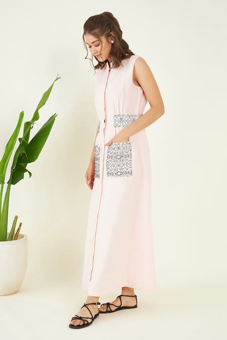 Buy Bohobi Pink Linen Embroidery Boat Neck Alara Scribble Bloom Maxi Dress Online at Aza Fashions Buy_Bohobi_Pink Linen Embroidery Boat Neck Alara Scribble Bloom Maxi Dress _Online_at_Aza_Fashions