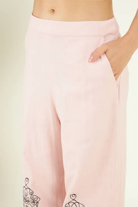 Bohobi_Pink Linen Embroidery Collared Powder Scribble Shirt And Pant Set_Online_at_Aza_Fashions
