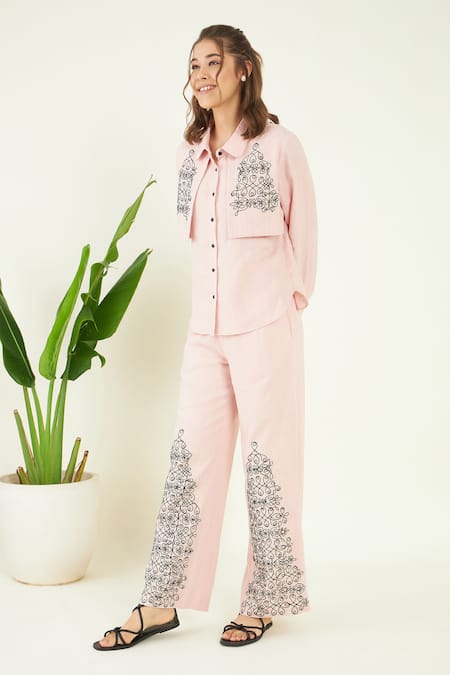 Buy_Bohobi_Pink Linen Embroidery Collared Powder Scribble Shirt And Pant Set_Online_at_Aza_Fashions