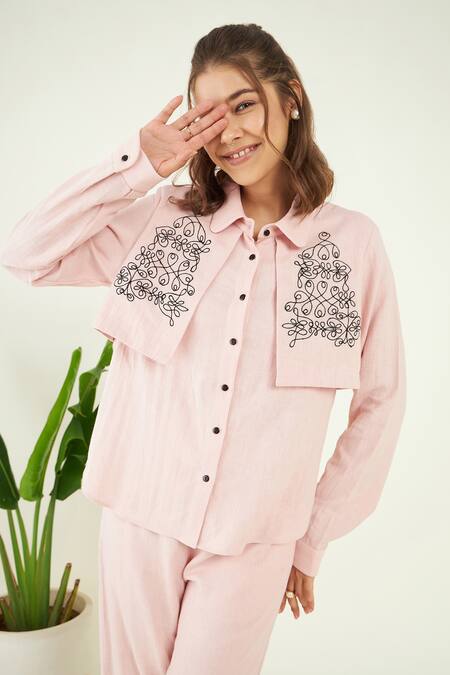 Shop_Bohobi_Pink Linen Embroidery Collared Powder Scribble Shirt And Pant Set_Online_at_Aza_Fashions
