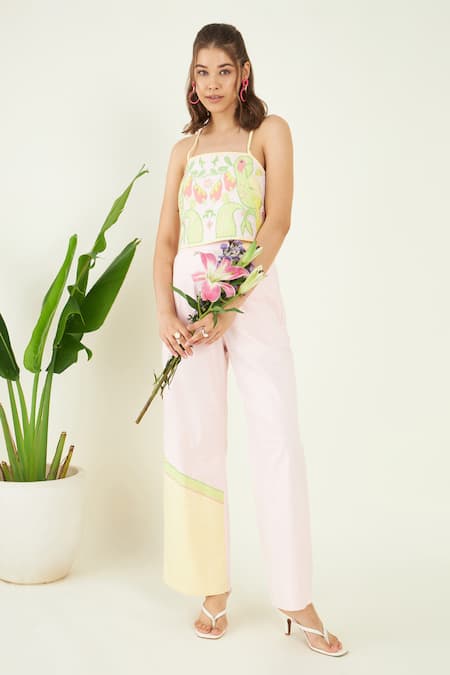 Buy_Bohobi_Pink Cotton Embroidery Halter Neck Parakeet Patch Crop Top With Trouser_Online_at_Aza_Fashions