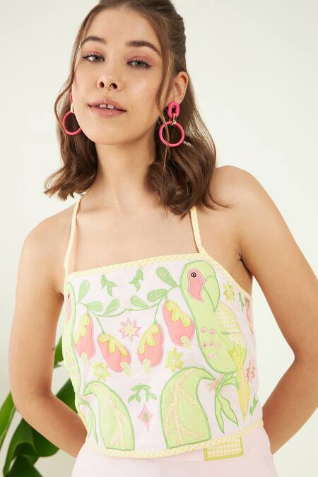 Shop_Bohobi_Pink Cotton Embroidery Halter Neck Parakeet Patch Crop Top With Trouser_Online_at_Aza_Fashions