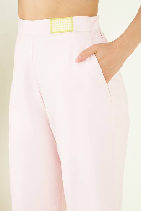 Bohobi_Pink Cotton Embroidery Halter Neck Parakeet Patch Crop Top With Trouser_at_Aza_Fashions