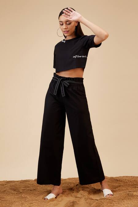 Buy Bohobi Black Linen Embroidery Round Neck Slogan Crop Top With Wide Leg Pant Online at Aza Fashions Buy_Bohobi_Black Linen Embroidery Round Neck Slogan Crop Top With Wide Leg Pant _Online_at_Aza_Fashions