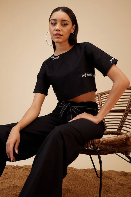 Shop Bohobi Black Linen Embroidery Round Neck Slogan Crop Top With Wide Leg Pant Online at Aza Fashions Shop_Bohobi_Black Linen Embroidery Round Neck Slogan Crop Top With Wide Leg Pant _Online_at_Aza_Fashions