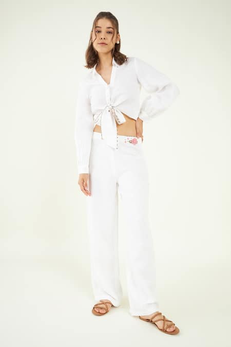 Buy Bohobi White Linen Embroidery Collared, V-neck Knotted Crop Shirt With Flared Pant Online at Aza Fashions Buy_Bohobi_White Linen Embroidery Collared, V-neck Knotted Crop Shirt With Flared Pant _Online_at_Aza_Fashions