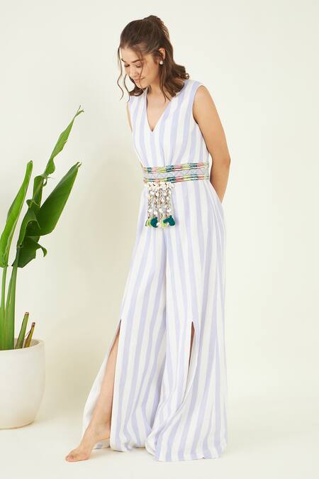 Bohobi_Blue Cotton Tassels V-neck Boho Striped Cowrie Embellished Jumpsuit_Online_at_Aza_Fashions