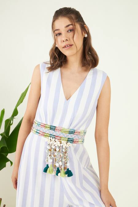 Buy_Bohobi_Blue Cotton Tassels V-neck Boho Striped Cowrie Embellished Jumpsuit_Online_at_Aza_Fashions