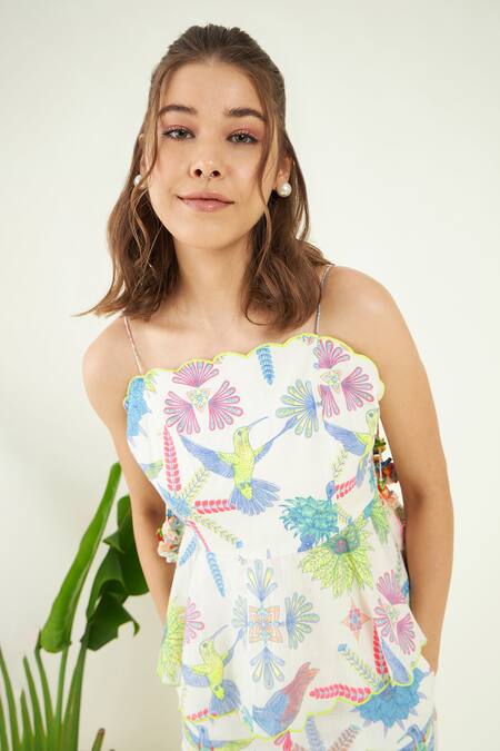 Shop_Bohobi_White Cotton Scoop Neck Hummingbird Print Peplum Blouse With Trouser_Online_at_Aza_Fashions