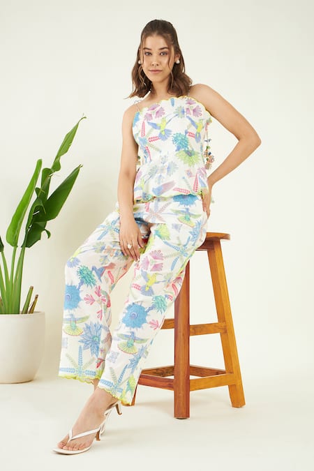 Buy White 100% Cotton Print Hummingbird Bloom Peplum Blouse With Trouser  For Women by Bohobi Online at Aza Fashions.