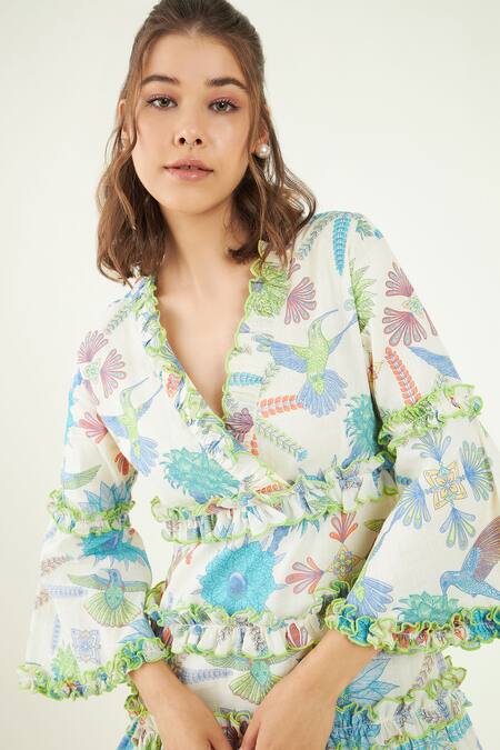 Bohobi_White Cotton Ruffles V-neck Hummingbird Bloom Print Dress_at_Aza_Fashions