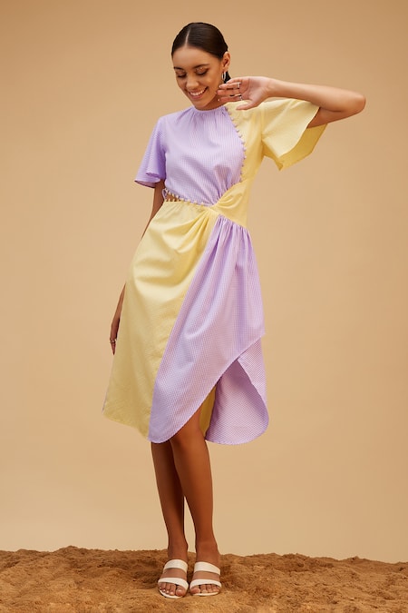 Buy_Bohobi_Purple Cotton Round Neck Buffalo Check Midi Dress _Online_at_Aza_Fashions