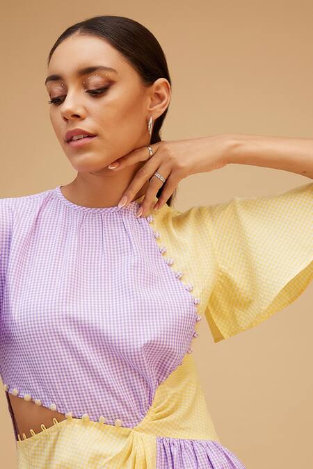 Bohobi_Purple Cotton Round Neck Buffalo Check Midi Dress _at_Aza_Fashions