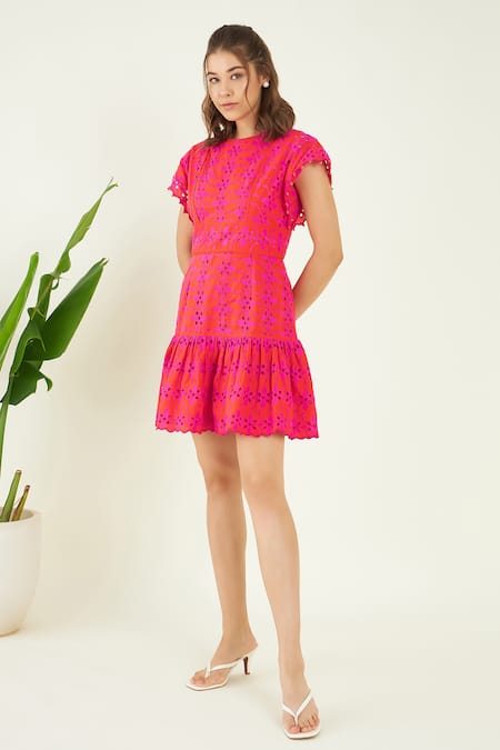 Bohobi_Pink Cotton Embroidery Round Neck Petunia Schiffli Cutwork Dress _Online_at_Aza_Fashions