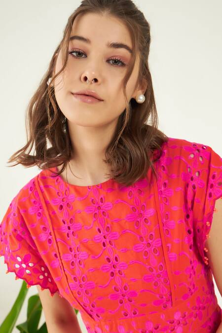 Buy_Bohobi_Pink Cotton Embroidery Round Neck Petunia Schiffli Cutwork Dress _Online_at_Aza_Fashions