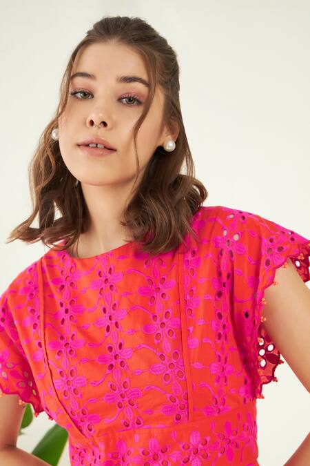 Shop_Bohobi_Pink Cotton Embroidery Round Neck Petunia Schiffli Cutwork Dress _Online_at_Aza_Fashions