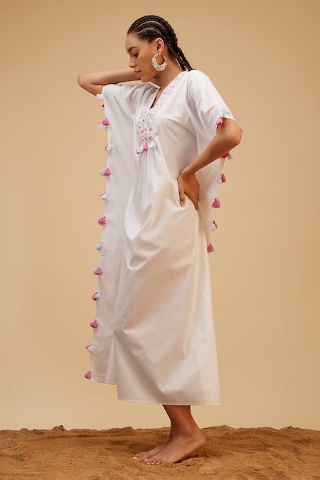 Bohobi_White Cotton Pearls, Sequins V-neck Aztec Embroidered Yoke Kaftan_Online_at_Aza_Fashions