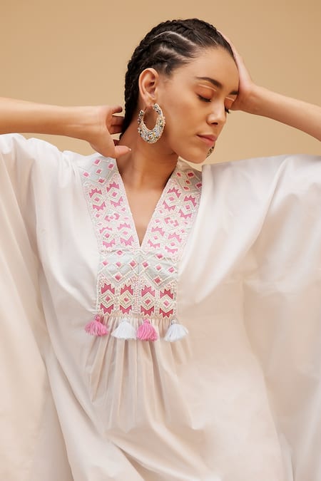 Buy_Bohobi_White Cotton Pearls, Sequins V-neck Aztec Embroidered Yoke Kaftan_Online_at_Aza_Fashions
