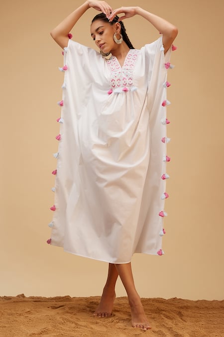Shop_Bohobi_White Cotton Pearls, Sequins V-neck Aztec Embroidered Yoke Kaftan_Online_at_Aza_Fashions