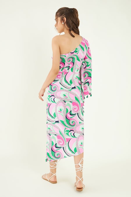 Shop Bohobi Multi Color Cotton, Rayon Tassels One Fleur Graffiti Print Draped Dress at Aza Fashions Shop_Bohobi_Multi Color Cotton, Rayon Tassels One Fleur Graffiti Print Draped Dress _at_Aza_Fashions