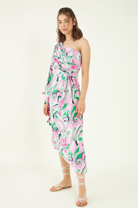 Bohobi Multi Color Cotton, Rayon Tassels One Fleur Graffiti Print Draped Dress Online at Aza Fashions Bohobi_Multi Color Cotton, Rayon Tassels One Fleur Graffiti Print Draped Dress _Online_at_Aza_Fashions