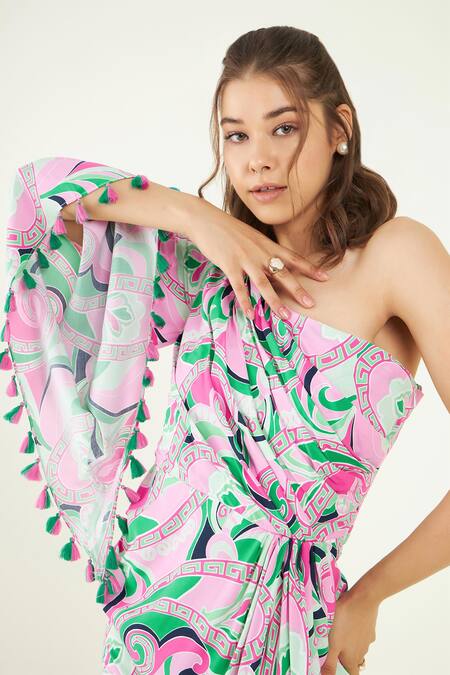 Buy Bohobi Multi Color Cotton, Rayon Tassels One Fleur Graffiti Print Draped Dress Online at Aza Fashions Buy_Bohobi_Multi Color Cotton, Rayon Tassels One Fleur Graffiti Print Draped Dress _Online_at_Aza_Fashions