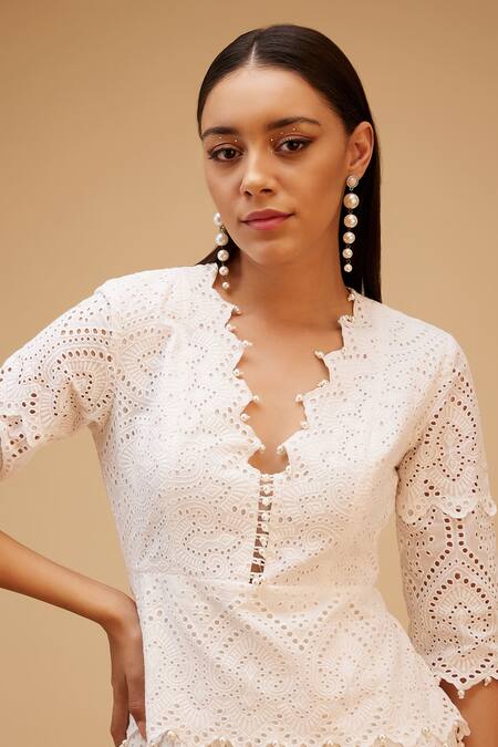 Buy_Bohobi_White Cotton Pearls V-neck Schiffli Fleur Embroidered Tiered Dress_Online_at_Aza_Fashions