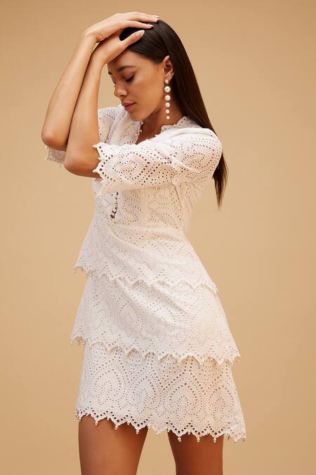 Bohobi_White Cotton Pearls V-neck Schiffli Fleur Embroidered Tiered Dress_at_Aza_Fashions