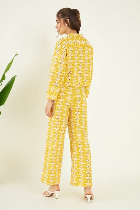 Shop Bohobi Yellow Cotton Embroidery Collared Elan Schiffli Crop Shirt With Pant at Aza Fashions Shop_Bohobi_Yellow Cotton Embroidery Collared Elan Schiffli Crop Shirt With Pant_at_Aza_Fashions