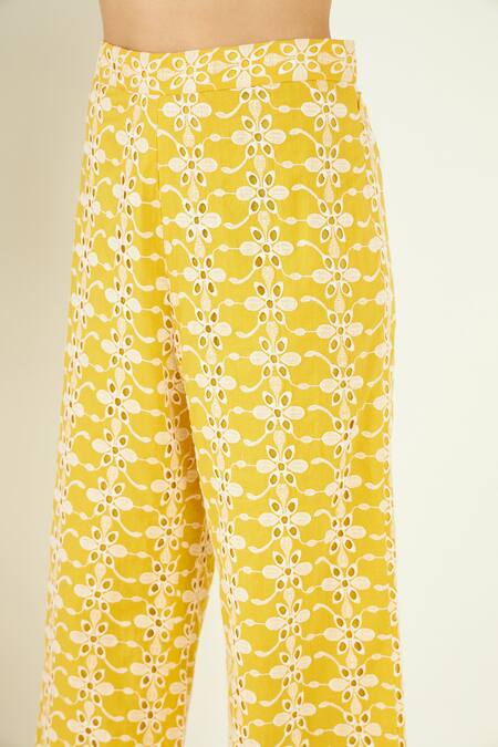 Bohobi Yellow Cotton Embroidery Collared Elan Schiffli Crop Shirt With Pant Online at Aza Fashions Bohobi_Yellow Cotton Embroidery Collared Elan Schiffli Crop Shirt With Pant_Online_at_Aza_Fashions