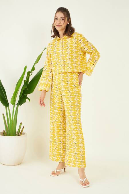 Buy Bohobi Yellow Cotton Embroidery Collared Elan Schiffli Crop Shirt With Pant Online at Aza Fashions Buy_Bohobi_Yellow Cotton Embroidery Collared Elan Schiffli Crop Shirt With Pant_Online_at_Aza_Fashions