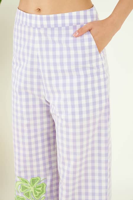 Bohobi_Purple Cotton Fabric Eunoia Buffalo Check Floral Patch Work Jacket With Trouser _Online_at_Aza_Fashions