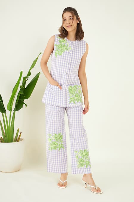 Buy_Bohobi_Purple Cotton Fabric Eunoia Buffalo Check Floral Patch Work Jacket With Trouser _Online_at_Aza_Fashions